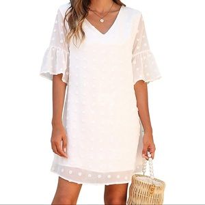 White Short Sleeve V Neck Ruffle Dress